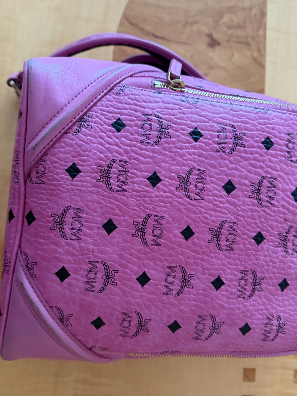 MCM Pink Logo-Print Leather Shoulder Bag with Black Motif
